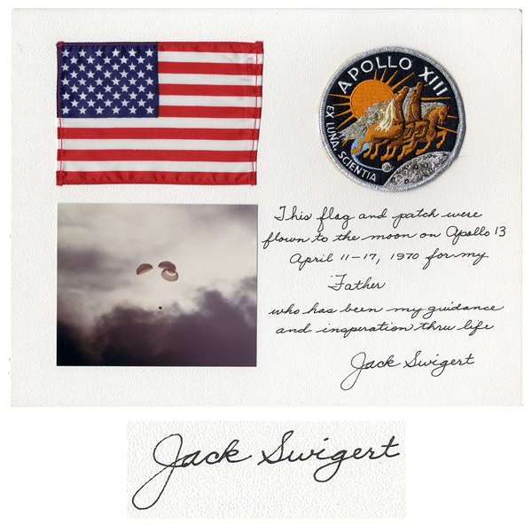 U.S. Flag and Apollo 13 Patch Both Flown to the Moon by Jack Swigert -- Signed & Gifted by Swigert to His Father, ''who has been my guidance and inspiration thru life''